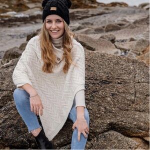 Aran Traditions Tan Cable Knot Button Shawl Neck Poncho